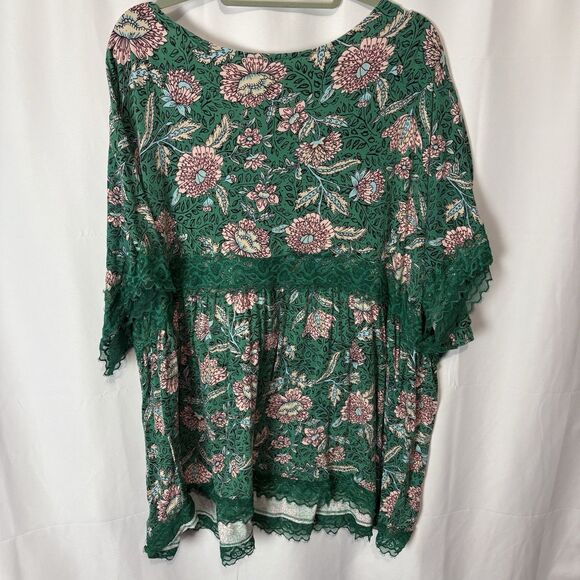 Super Soft by Torrid Knit Green Babydoll Lace Trim Short Sleeve Floral Shirt 6X - Picture 10 of 10
